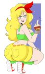  1girl ass blonde_hair breasts dragon_ball eyebrows fingerless_gloves gloves green_eyes jinu long_hair looking_back lunch_(dragon_ball) open_mouth shoes shorts simple_background solo teeth 