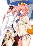  1girl animal_ears astolfo_(fate) bare_arms bare_shoulders bikini black_bow black_legwear blue_bikini bow breasts cape clenched_teeth closed_eyes cowboy_shot crotch_grab eyebrows_visible_through_hair fate/grand_order fate_(series) femdom fox_ears fox_tail from_side fur_trim grin hair_bow highres holding holding_umbrella large_breasts looking_at_viewer midriff otoko_no_ko pink_hair piro_(iiiiiiiiii) profile side-tie_bikini simple_background smile standing swimsuit tail tamamo_(fate)_(all) tamamo_no_mae_(swimsuit_lancer)_(fate) tears teeth thighhighs umbrella white_background white_cape yellow_eyes 