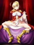  ahoge armored_boots blonde_hair blush boots braid breasts cleavage closed_mouth covered_nipples curtains dress dress_lift epaulettes eyebrows_visible_through_hair fate/extra fate_(series) full_body green_eyes hair_between_eyes hair_ribbon head_tilt high_heels knee_boots large_breasts looking_at_viewer nero_claudius_(fate) nero_claudius_(fate)_(all) panties red_ribbon ribbon sameha_ikuya silhouette sitting smile solo spread_legs underwear white_panties 