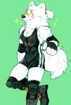  anthro blush boots canine clothing dog fingerless_gloves fluffy footwear fur girly gloves hi_res knee_pads legcat looking_at_viewer male mammal one_piece samoyed simple_background solo sparkles tight_clothing white_fur yellow_eyes 