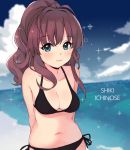  :3 arms_behind_back bikini black_bikini blue_eyes blurry blurry_background breasts brown_hair character_name cleavage closed_mouth cloud cloudy_sky collarbone commentary_request day ichinose_shiki idolmaster idolmaster_cinderella_girls kirarin369 long_hair looking_at_viewer medium_breasts navel ocean outdoors ponytail sky smile solo standing swimsuit upper_body wavy_hair 