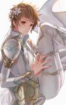  brown_eyes brown_hair cosplay flower gran_(granblue_fantasy) granblue_fantasy hair_flower hair_ornament looking_at_viewer male_focus rowya short_hair simple_background smile solo the_glory the_glory_(cosplay) white_armor 