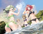  ass bikini blonde_hair blue_eyes blush breasts cow_girl_(goblin_slayer!) day elf goblin_slayer! guild_girl_(goblin_slayer!) high_elf_archer_(goblin_slayer!) kannatsuki_noboru long_hair multiple_girls navel open_mouth pointy_ears priestess_(goblin_slayer!) red_hair small_breasts splashing swimsuit 