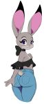  1girl animal_ears ass closed_mouth disney eric_lowery eyebrows fur judy_hopps looking_back pants purple_eyes rabbit simple_background smile solo white_background zootopia 
