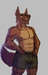  anthro canine clothed clothing colored_sketch eye_patch eyewear hands_on_hips jayecho male mammal muscular muscular_male nipples smile solo standing teeth topless 