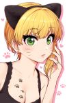  animal_ears asymmetrical_hair black_camisole blonde_hair breasts camisole cat_ears cleavage commentary earrings eyebrows_visible_through_hair eyelashes fake_animal_ears green_eyes hairband heart heart_earrings idolmaster idolmaster_cinderella_girls jewelry looking_at_viewer medium_breasts miyamoto_frederica omaru_gyuunyuu parted_lips paw_print ring short_hair simple_background solo upper_body whisker_markings 