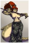  abs anthro athletic breasts clothed clothing featureless_breasts female fish gradient_background hair jayecho looking_at_viewer marine shark simple_background smile solo staff standing teeth topless 