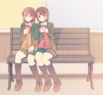  bangs bench black_legwear blurry blurry_background blush brown_hair cardigan cellphone commentary_request eyebrows_visible_through_hair hachiko_(hati12) hair_between_eyes hand_on_own_thigh kneehighs long_hair looking_at_phone multiple_girls original parted_lips phone red_sweater ribbon school_uniform shoes short_hair sitting skirt smartphone sweater yellow_sweater 
