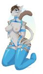  anthro bdsm blue_eyes bondage bondage_gear bound breasts brown_hair clothing collar emberwood feline female fur hair hands_behind_back harness kneeling legwear mammal nipples pussy smile solo thigh_highs white_fur wide_hips 