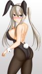  absurdres abukobato animal_ears ass back black_legwear blue_eyes blush breasts bunny_ears bunny_girl bunny_tail bunnysuit cleavage closed_mouth detached_collar detached_sleeves embarrassed fake_animal_ears full-face_blush graf_zeppelin_(kantai_collection) highres kantai_collection large_breasts leotard long_hair looking_at_viewer looking_back md5_mismatch pantyhose silver_hair tail 