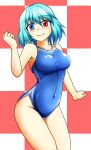  bare_arms bare_shoulders blue_hair blue_swimsuit blush breasts checkered checkered_background closed_mouth collarbone commentary_request competition_swimsuit contrapposto cowboy_shot d-m_(dii_emu) eyebrows eyebrows_visible_through_hair groin hand_up heterochromia highleg highleg_swimsuit highres large_breasts looking_at_viewer one-piece_swimsuit smile solo standing swimsuit tatara_kogasa touhou 