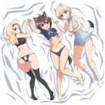  absurdres aleksandra_i_pokryshkin animal_ears ass ass_cutout bed black_panties blonde_hair blue_eyes blush brave_witches breasts brown_eyes brown_hair butt_crack cameltoe cleavage full_body highres karibuchi_hikari keyhole_panties long_hair looking_at_viewer looking_back lying medium_breasts midriff multiple_girls nikka_edvardine_katajainen nomad_(mjauharazhar) on_back on_stomach open_mouth panties short_hair smile swimsuit swimwear tail top-down_bottom-up underboob underwear world_witches_series 