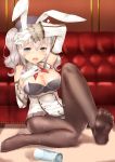  adapted_costume animal_ears black_legwear bunny_ears bunny_girl bunnysuit detached_collar detached_sleeves epaulettes feet full_body grey_eyes highres kantai_collection kashima_(kantai_collection) long_sleeves looking no_shoes pantyhose rin2008 sexually_suggestive sidelocks silver_hair sitting soles solo spill tsurime twintails water wavy_hair wet wet_clothes 