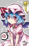  2018 :t anger_vein blue_hair commentary_request cowboy_shot dated grey_background highres kapuchii light_blush looking_at_viewer pout red_eyes remilia_scarlet solo spoken_anger_vein touhou twitter_username v-shaped_eyebrows 