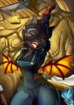  2017 absurd_res anthro bat_pony black_hair black_skin breasts clothed clothing equine eyes_closed eztp female friendship_is_magic gloves hair hi_res mammal membranous_wings miner my_little_pony open_mouth overalls panties sharp_teeth solo teeth tongue tongue_out underwear wings 