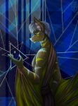  2018 abstract_background anthro bat brown_fur clothed clothing digital_media_(artwork) flying_fox fruit_bat fur glowing hair hi_res male mammal mirramortas partially_clothed purple_eyes robe solo specter_koen stripes white_hair 