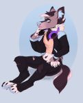  anthro canine clothed clothing ear_piercing emberwood hair headphones inner_ear_fluff male mammal piercing simple_background solo 