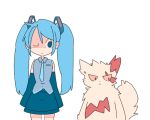  :&lt; ;| aqua_neckwear arms_at_sides bangs bare_shoulders blue_eyes blue_hair blue_skirt closed_mouth cowboy_shot crossover detached_sleeves flat_color gen_3_pokemon grey_shirt hair_ornament hatsune_miku koukou_(climacool) long_hair looking_at_another looking_away looking_to_the_side lowres necktie no_nose one_eye_closed pokemon pokemon_(creature) shaded_face shirt simple_background skirt sleeves_past_wrists swept_bangs twintails vocaloid white_background zangoose 