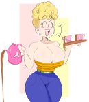  1girl breasts brown_hair crop_top dragon_ball dragonball_z earrings eyebrows eyes_closed jewelry jinu lips mrs._briefs open_mouth pants simple_background solo teeth 