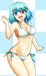  :d bare_arms bare_shoulders bikini blue_hair blush breasts checkered checkered_background commentary_request contrapposto cowboy_shot d-m_(dii_emu) eyebrows eyebrows_visible_through_hair groin hand_up heterochromia highres large_breasts looking_at_viewer navel open_mouth short_hair side-tie_bikini smile solo standing swimsuit tatara_kogasa touhou white_bikini 