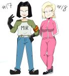  1boy 1girl android_17 android_18 belt black_hair blonde_hair blue_eyes breasts closed_mouth dragon_ball dragon_ball_super earrings eyebrows gloves jewelry jinu open_mouth pants shirt shoes short_hair simple_background smile tongue white_background 