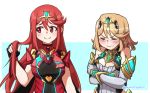  alternate_hair_length alternate_hairstyle armor blonde_hair blush breasts cleavage dress gloves hairstyle_switch hikari_(xenoblade_2) homura_(xenoblade_2) jewelry large_breasts long_hair multiple_girls red_hair robin_cordelia short_hair simple_background smile white_background xenoblade_(series) xenoblade_2 yellow_eyes 