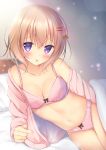  :p bangs bare_shoulders bed blurry blurry_background blush bow bow_bra bow_panties bra breasts cleavage closed_mouth collarbone commentary_request cover cover_page depth_of_field doujin_cover eyebrows_visible_through_hair fingernails gochuumon_wa_usagi_desu_ka? hair_between_eyes hair_ornament hairclip hoto_cocoa indoors light_brown_hair looking_at_viewer medium_breasts navel open_clothes open_shirt panties pillow pink_bra pink_panties pink_shirt pointing purple_eyes shibainu_niki shirt short_hair sidelocks smile solo sweat tongue tongue_out under_covers underwear 