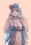  babydoll bikini blue_eyes bow_(bhp) breasts cleavage dark_jeanne flower granblue_fantasy hair_flower hair_ornament hairband jeanne_d'arc_(granblue_fantasy) large_breasts long_hair navel see-through silver_hair simple_background smile solo swimsuit wet 