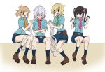  :d ahoge akatsuki_kirika belt blonde_hair blue_shirt boots braiding_hair brown_eyes brown_footwear brown_hair commentary_request crossed_arms green_eyes green_neckwear hair_ornament hairdressing kouji_(kari) long_hair low_twintails multiple_girls necktie open_mouth orange_neckwear purple_eyes purple_neckwear red_neckwear s.o.n.g._uniform senki_zesshou_symphogear shaded_face shirt short_hair short_sleeves shorts sitting smile socks striped striped_neckwear tachibana_hibiki_(symphogear) tsukuyomi_shirabe twintails very_long_hair wavy_mouth white_background x_hair_ornament yukine_chris 