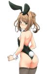  animal_ears ass black_leotard black_neckwear bow bowtie brown_hair bunny_ears bunny_tail bunnysuit cowboy_shot detached_collar double_bun from_behind grey_legwear habara_meguru hair_bun kantai_collection leotard looking_back michishio_(kantai_collection) short_twintails solo standing strapless strapless_leotard tail thighhighs twintails wrist_cuffs 