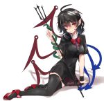  arm_support asuzemu asymmetrical_wings black_dress black_hair black_legwear blue_wings breasts covered_navel dress full_body hair_between_eyes holding holding_weapon houjuu_nue lying medium_breasts medium_hair on_side polearm red_eyes red_wings simple_background skin_tight smile snake solo thighhighs touhou trident weapon white_background wings 
