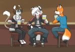  alcohol anthro bar barstool beer beer_mug beverage biped black_bottomwear black_clothing black_coat black_ears black_gloves black_jacket black_pants black_topwear blue_bottomwear blue_clothing blue_eyes blue_shirt blue_topwear bottomwear brown_fur brown_hair brown_nose brown_tail canine cat clothed clothing coat cup digital_drawing_(artwork) digital_media_(artwork) dipstick_ears dipstick_tail eyewear feline fingerless_gloves footwear fox friends fully_clothed fur glasses gloves green_eyes group hair holding_glass holding_object jacket jeans jewelry male mammal metal_(artist) mike_arctic multicolored_clothing multicolored_footwear multicolored_fur multicolored_shoes multicolored_tail necklace open_coat open_jacket orange_ears orange_fur orange_hair orange_tail pants pocket raphial_(character) red_eyes shirt shoes sitting smile snout t-shirt topwear two_tone_clothing two_tone_ears two_tone_fur two_tone_jacket two_tone_tail white_footwear white_fur white_hair white_shoes white_tail wolf yuri_catslash 