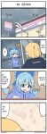  2girls 4koma :&gt; alternate_costume blonde_hair blue_eyes blue_hair bow brand_name_imitation check_translation cirno clothes_writing comic convenience_store employee_uniform footprints fuente green_eyes hair_bow highres hood hoodie ice ice_wings jitome korean mizuhashi_parsee mud multiple_girls partially_translated pointy_ears rain shop smile spoken_ellipsis touhou translation_request uniform wings 