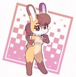  anthro breasts brown_hair featureless_breasts featureless_chest featureless_crotch female hair lagomorph mammal nude rabbit smile solo standing starmanjr v_sign 