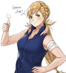  blonde_hair blush braid english fire_emblem fire_emblem_heroes green_eyes kamu_(kamuuei) long_hair looking_at_viewer sharena simple_background smile solo thumbs_up white_background 