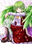  aka_tawashi ascot black_legwear blush breasts brown_footwear commentary_request eyebrows_visible_through_hair feathered_wings floral_background flower green_eyes green_hair green_wings heterochromia highres kazami_yuuka kazami_yuuka_(pc-98) long_hair long_sleeves looking_at_viewer medium_breasts one_knee pantyhose parted_lips petals petticoat pink_flower plaid plaid_skirt plaid_vest purple_wings red_eyes red_skirt red_vest shirt shoes skirt solo touhou touhou_(pc-98) umbrella vest white_shirt wings yellow_neckwear 