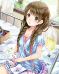  absurdres bed_sheet blue_dress blue_ribbon braid breasts brown_eyes brown_hair cleavage collarbone cup day dress hair_ornament hairclip hariba_kurabayashi highres holding holding_cup indoors kishida_mel long_hair medium_breasts open_mouth open_window pill ribbon school_fanfare short_dress short_sleeves sitting solo twin_braids very_long_hair window 