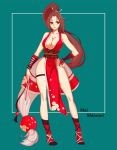  breasts brown_eyes brown_hair cleavage closed_fan commentary_request fan fatal_fury folding_fan full_body hand_on_hip high_ponytail highres japanese_clothes large_breasts long_hair md5_mismatch ninja obi pelvic_curtain ponytail revealing_clothes sash shiranui_mai solo standing the_king_of_fighters thigh_strap thighs yoooooo-z 