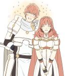  1girl armor aym_(ash3ash3ash) cape celica_(fire_emblem) conrad_(fire_emblem) dress earrings fingerless_gloves fire_emblem fire_emblem_echoes:_mou_hitori_no_eiyuuou gloves jewelry long_hair looking_at_viewer open_mouth red_eyes red_hair smile tiara 