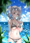  absurdres arm_behind_back bikini blue_eyes blush breasts chahei cloud cloudy_sky collarbone commentary_request day eyebrows_visible_through_hair grey_eyes groin hand_on_own_chest highres kantai_collection kashima_(kantai_collection) large_breasts looking_at_viewer navel ocean palm_tree shade sky solo striped striped_bikini swimsuit tree twintails underboob wading water wavy_hair 