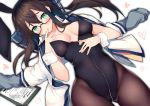  alternate_costume animal_ears black_hair black_legwear black_leotard breasts bunny_ears bunnysuit cisyo clipboard cowboy_shot finger_to_mouth from_above glasses green_eyes kantai_collection leotard leotard_under_clothes long_hair looking_at_viewer lying medium_breasts ooyodo_(kantai_collection) open_clothes pantyhose semi-rimless_eyewear solo strapless strapless_leotard under-rim_eyewear wrist_cuffs 