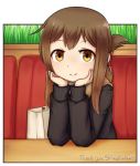  blush brown_eyes brown_hair chin_rest closed_mouth eyebrows_visible_through_hair hands_on_own_head inazuma_(kantai_collection) jacy kantai_collection long_sleeves looking_at_viewer medium_hair pov_across_table sitting smile solo sweater 
