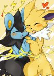  &lt;3 2018 alternate_version_at_source ambiguous_gender black_fur black_nose blue_fur blush duo eeveelution electricity eyes_closed feral fur hand_holding jolteon luxio nekonade nintendo open_mouth paws pok&eacute;mon pok&eacute;mon_(species) red_nose romantic_couple simple_background video_games white_fur yellow_background yellow_fur 