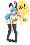  1girl blue_eyes blue_hair blush boobsgames breasts bulma bunnysuit dragon_ball eyebrows heart long_hair matching_hair/eyes nipples one_eye_closed open_mouth simple_background solo teeth text thighhighs tongue tongue_out white_background 