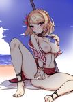  absurdres ass_visible_through_thighs azur_lane bangs bar_censor beach_umbrella bikini blonde_hair blue_earrings blush bracelet braid breasts breasts_outside censored choker cleavage closed_mouth cloud cloudy_sky collarbone commentary_request crown_braid day eyebrows_visible_through_hair flower french_braid hair_flower hair_ornament harigane_shinshi highres holding holding_umbrella jewelry looking_at_viewer medium_breasts navel nipples outdoors prince_of_wales_(azur_lane) pussy red_eyes red_flower short_hair sitting sky smile solo swept_bangs swimsuit umbrella white_bikini white_bikini_top 