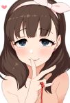  bare_shoulders blue_eyes blush bow brown_hair close-up commentary earrings eyebrows_visible_through_hair face finger_ribbon finger_to_mouth hairband heart heart-shaped_pupils heart_earrings highres idolmaster idolmaster_cinderella_girls jewelry lips looking_at_viewer omaru_gyuunyuu out-of-frame_censoring parted_lips red_ribbon ribbon sakuma_mayu simple_background smile solo stud_earrings symbol-shaped_pupils upper_body 