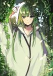  2017 androgynous arm_up bangs closed_mouth dated enkidu_(fate/strange_fake) eyebrows_visible_through_hair fate/strange_fake fate_(series) green green_eyes green_hair hair_between_eyes long_hair long_sleeves looking_at_viewer male_focus medu_(rubish) plant robe smile solo straight_hair very_long_hair white_robe wide_sleeves 