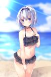  bangs bare_arms bare_shoulders beach bikini black_bikini black_hairband blue_eyes blue_sky blurry blurry_background blush closed_mouth cloud collarbone commentary_request day depth_of_field eyebrows_visible_through_hair hair_between_eyes hair_ornament hairband highres navel outdoors ryuuou_no_oshigoto! sand silver_hair sky snowflake_hair_ornament solo sora_ginko swimsuit tsuruse 