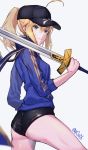  ahoge artoria_pendragon_(all) ass baseball_cap black_hat black_shorts blonde_hair blue_jacket blue_scarf closed_mouth commentary_request excalibur fate/grand_order fate_(series) green_eyes hair_through_headwear hat highres himitsucalibur holding holding_sword holding_weapon jacket long_hair long_sleeves looking_at_viewer looking_back mysterious_heroine_x ponytail scarf shiny shiny_skin shorts smile solo_focus standing sword weapon white_background you06 