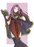  armor black_gloves breasts cape cleavage dress earrings fire_emblem fire_emblem_echoes:_mou_hitori_no_eiyuuou gloves highres jewelry long_hair medium_breasts purple_eyes purple_hair smile solo sonia_(fire_emblem_gaiden) thighhighs tiara yayster 